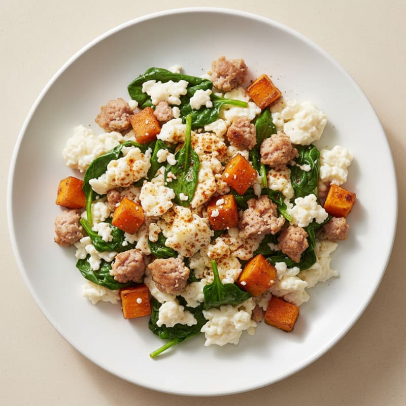Egg White and Turkey Sausage Scramble with Spinach and Sweet Potato