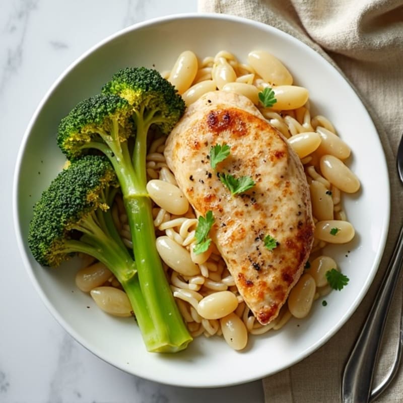 Lighter Creamy Garlic Chicken Pasta with Roasted Broccoli