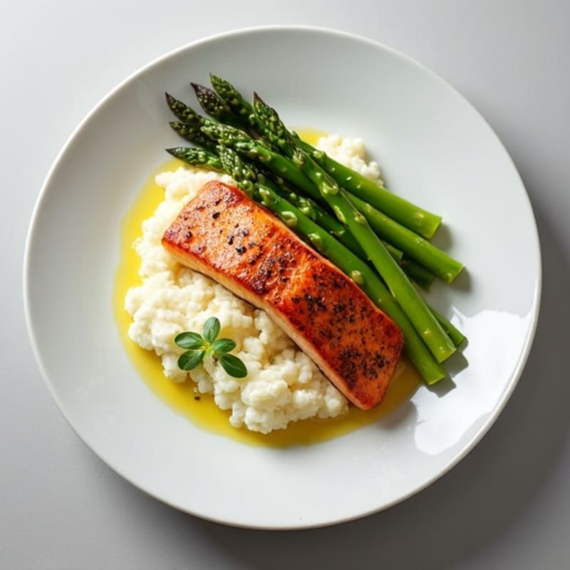 Seared Salmon with Steamed Asparagus and Cauliflower Mash