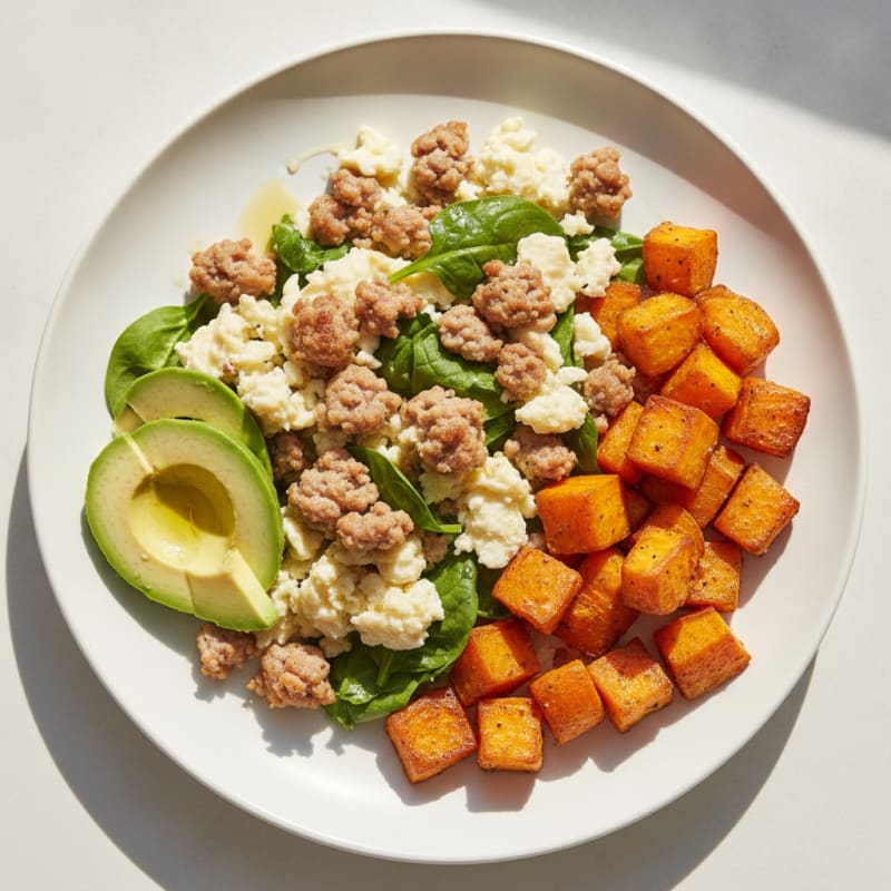 Egg White and Turkey Sausage Scramble with Roasted Sweet Potatoes
