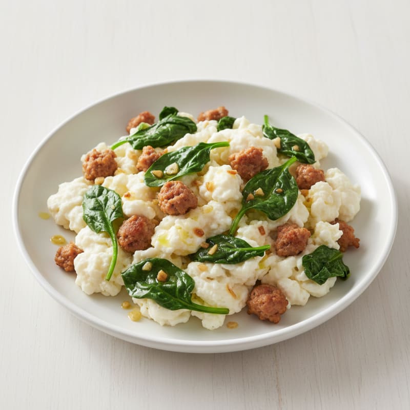 Egg White Scramble with Turkey Sausage and Sautéed Spinach
