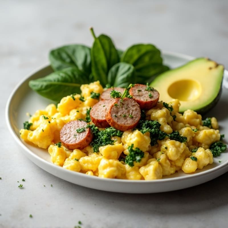 Egg White and Turkey Sausage Scramble with Sautéed Spinach