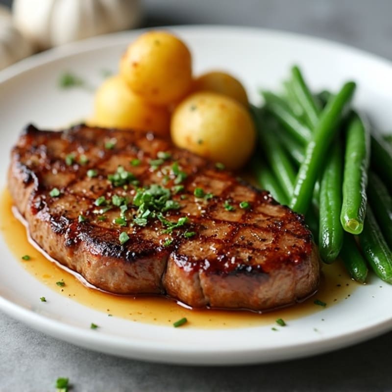Pan-Seared Steak with Crispy Roasted Potatoes and Garlicky Green Beans