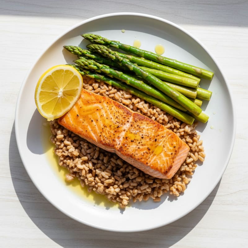 Seared Salmon Fillet with Steamed Asparagus and Brown Rice