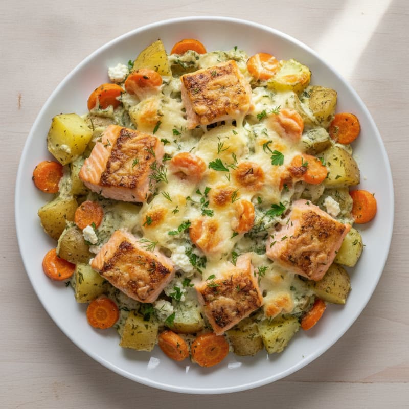 Salmon and Roasted Potato Casserole with Carrots