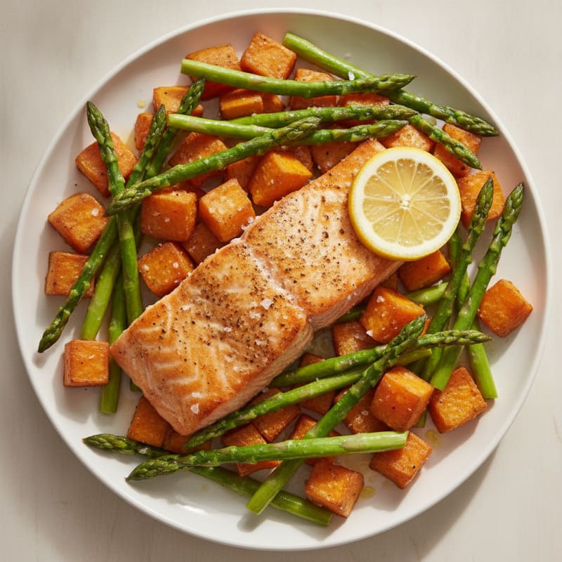 Seared Salmon with Roasted Sweet Potato and Asparagus