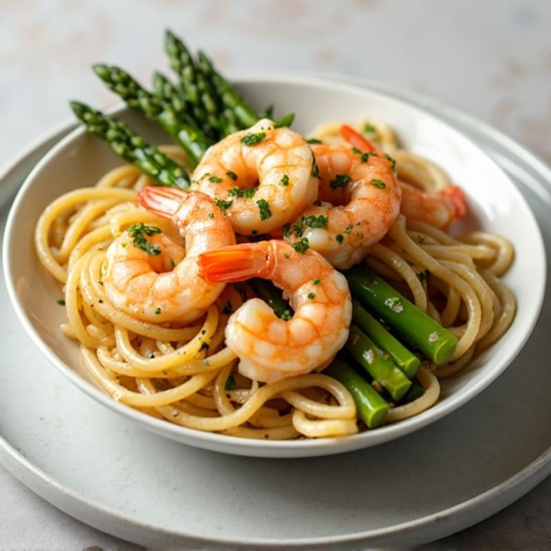 Tender Garlic Lemon Shrimp with Whole Wheat Linguine and Fresh Asparagus