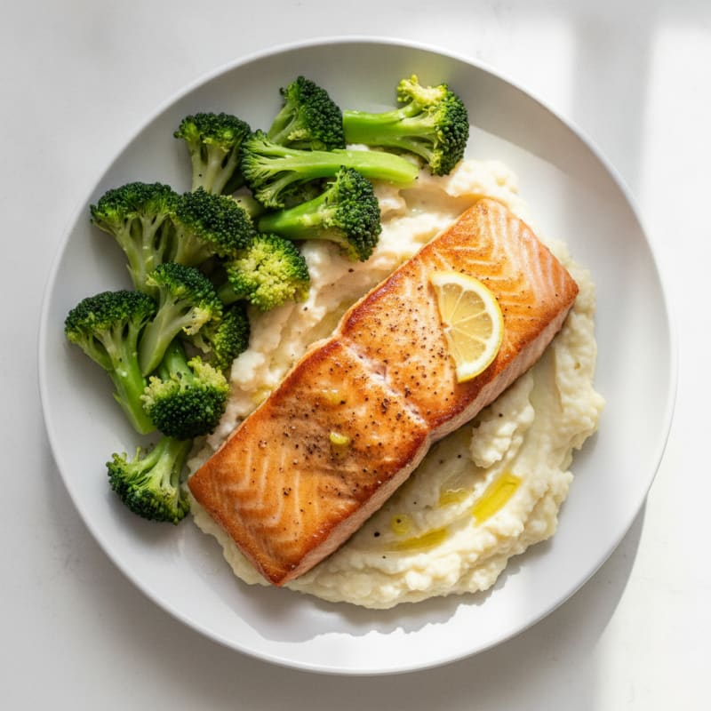 Seared Salmon with Steamed Broccoli and Garlic Cauliflower Mash