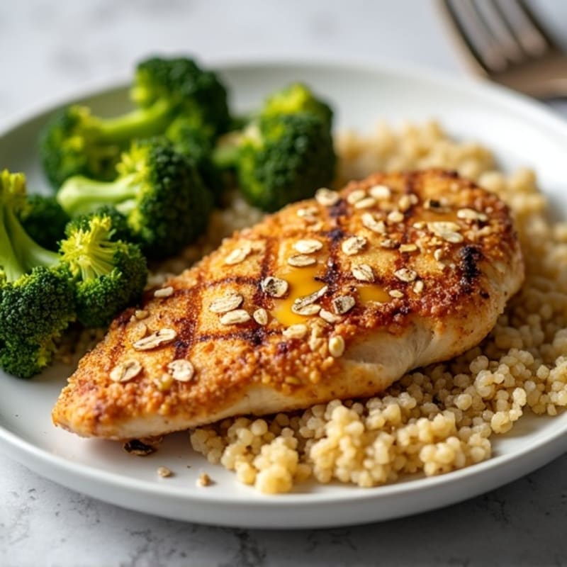 Grilled Chicken Breast with Oats-Crust, Quinoa & Roasted Broccoli