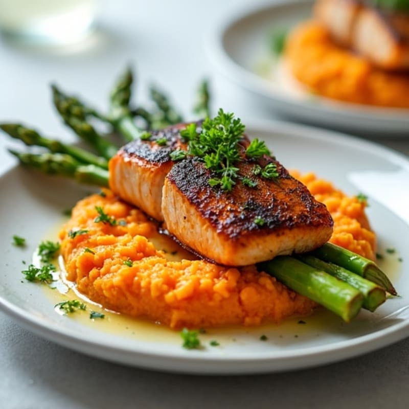 Seared Salmon Fillet with Roasted Asparagus and Sweet Potato Mash