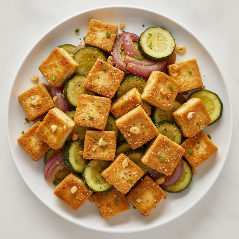 Garlic Tofu with Roasted Zucchini and Onions