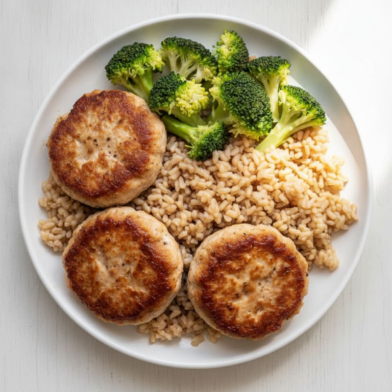 Seared Turkey Patties with Steamed Broccoli and Brown Rice