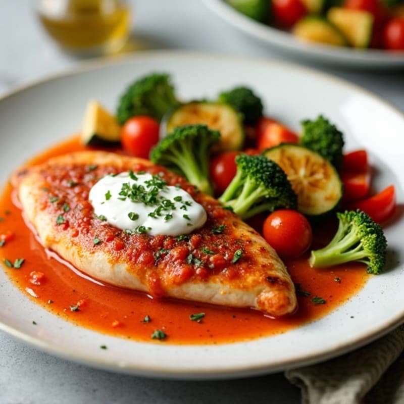 Spiced Chicken with Creamy Tomato Sauce and Roasted Vegetables