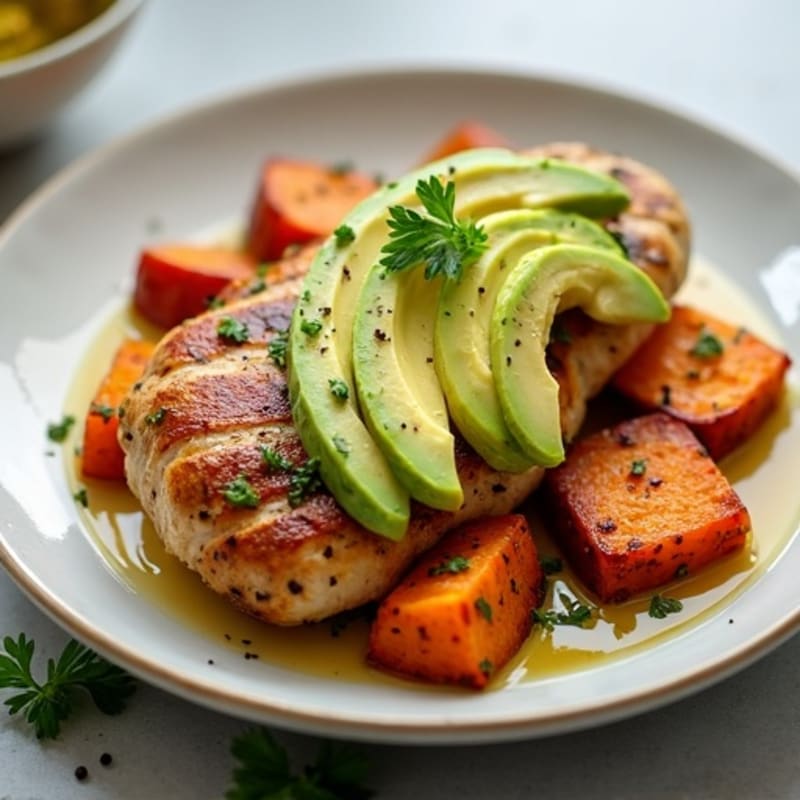 Grilled Chicken Breast with Roasted Sweet Potatoes and Creamy Avocado