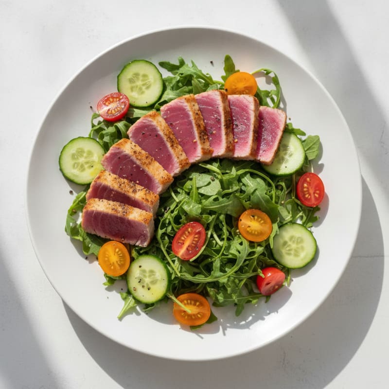 Seared Tuna Salad with Crunchy Cucumber and Cherry Tomatoes