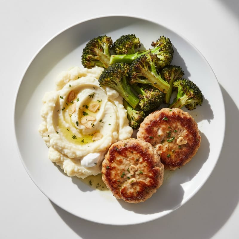 Seared Turkey Patties with Roasted Broccoli and Garlic Mashed Cauliflower