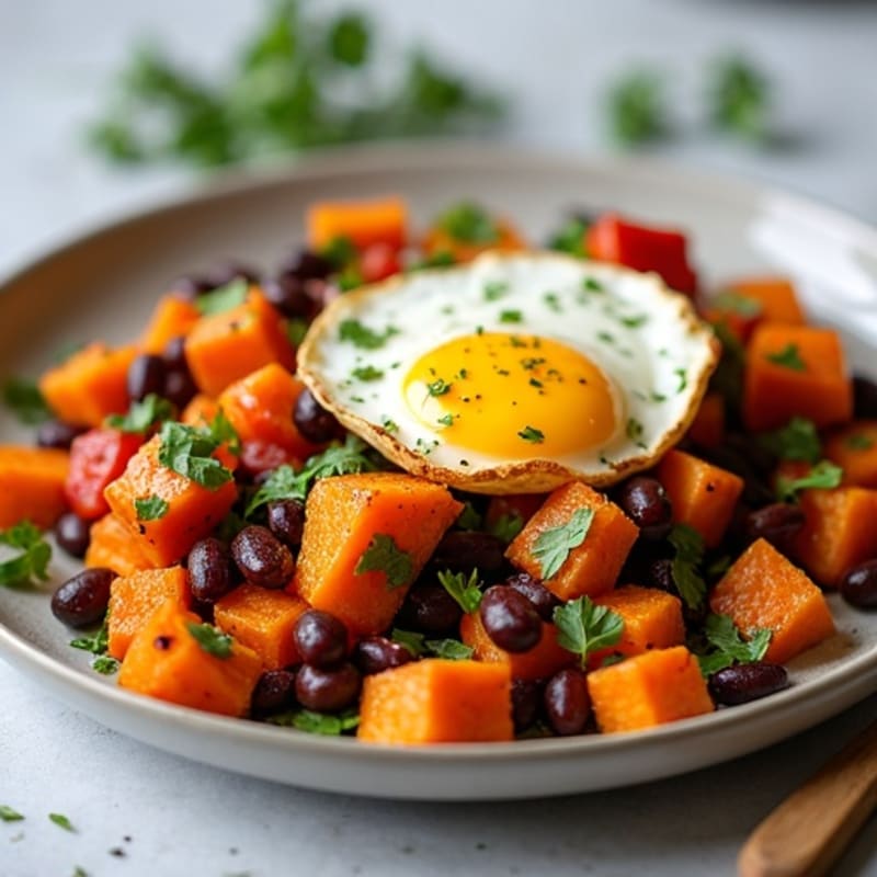 Roasted Sweet Potato Hash with Fluffy Scrambled Eggs and Fresh Herbs