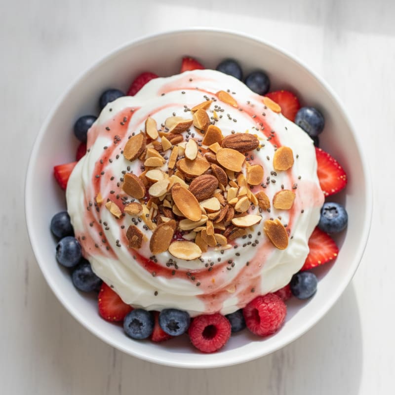 Greek Yogurt Protein Parfait with Mixed Berries and Chopped Almonds