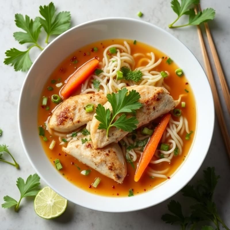 Lean Chicken and Rice Noodle Soup with Aromatic Ginger Broth and Fresh Herbs