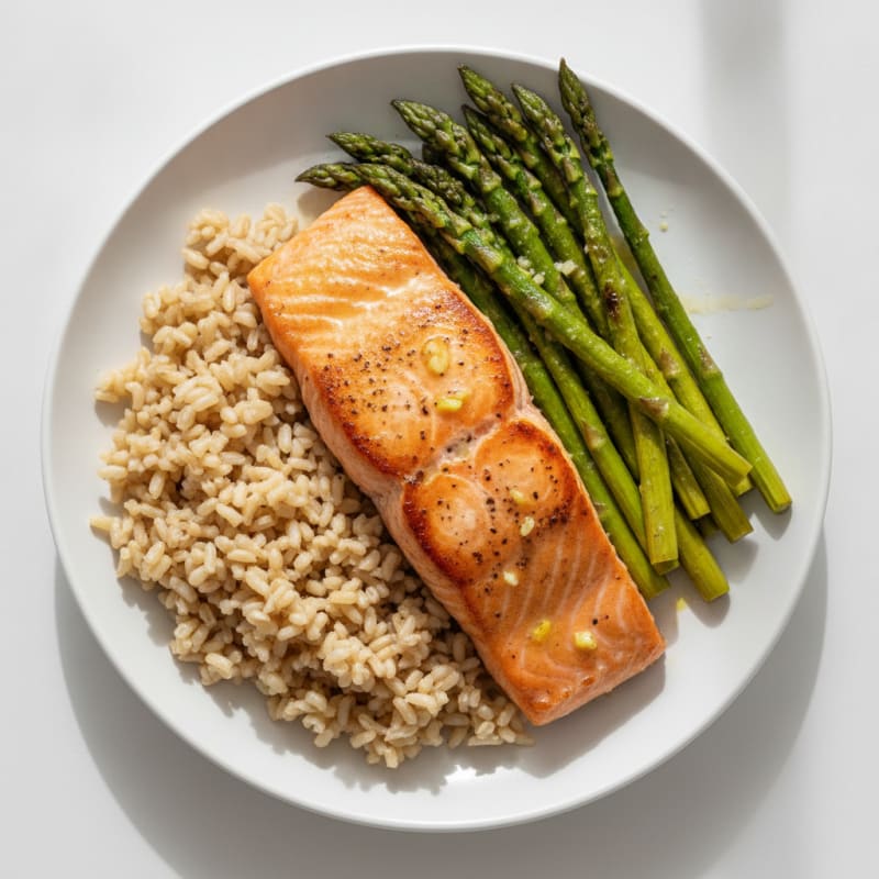Seared Salmon with Roasted Asparagus and Brown Rice