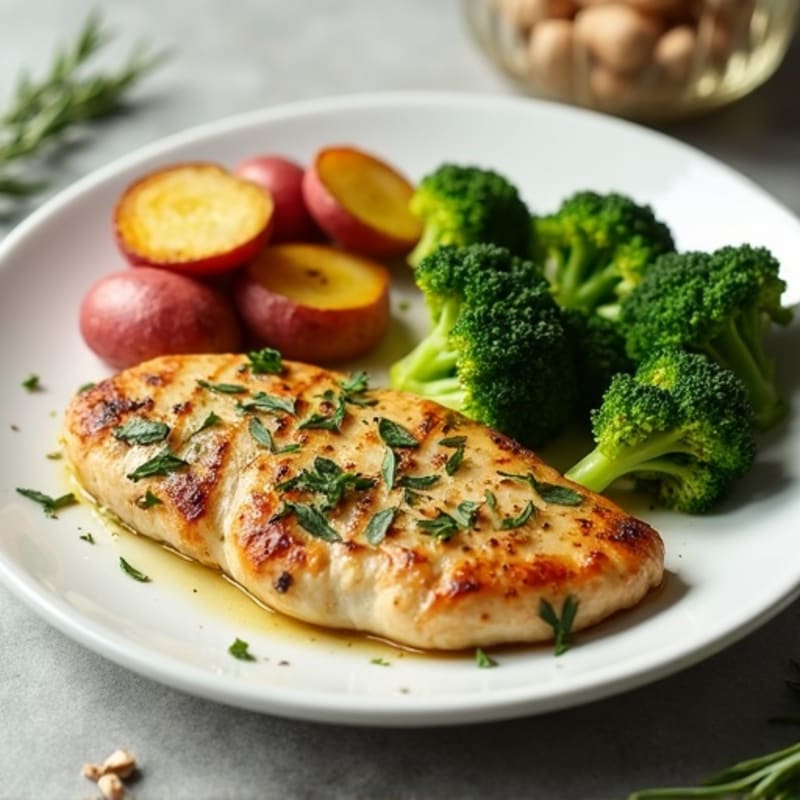 Herb-Roasted Chicken Breast with Garlic Roasted Potatoes and Broccoli