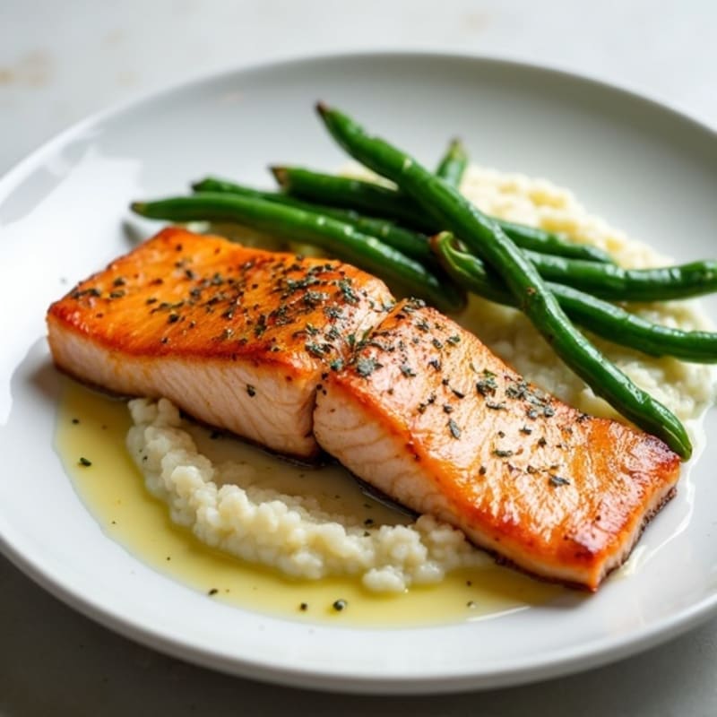 Seared Salmon with Steamed Green Beans and Garlic Mashed Cauliflower
