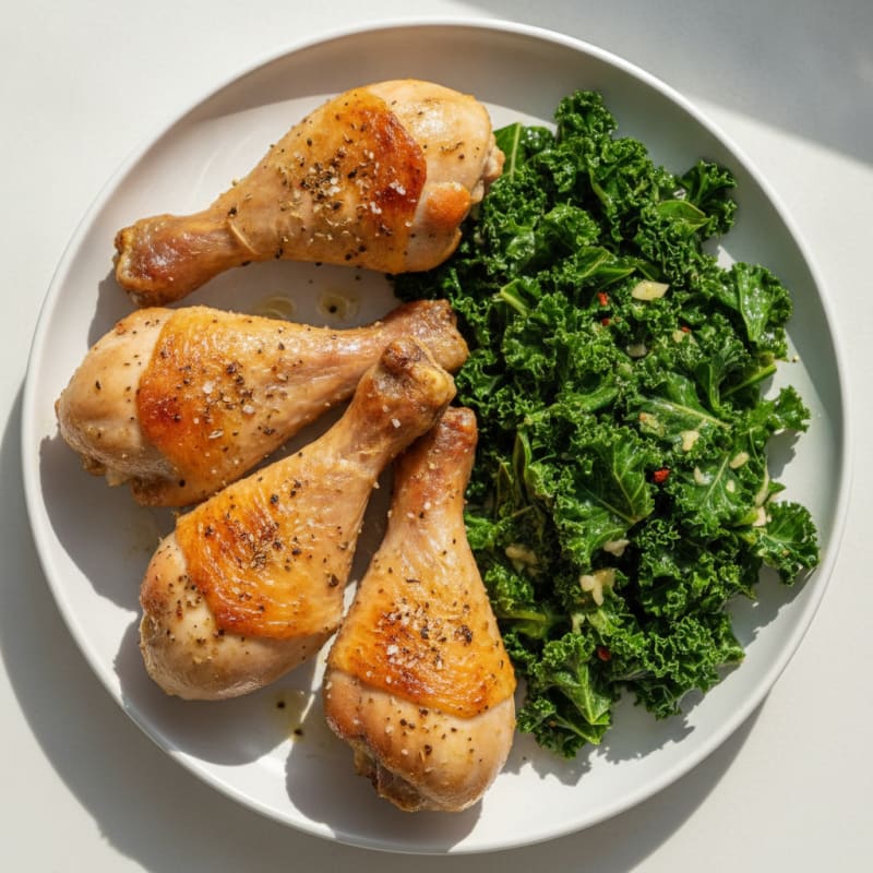 Roasted Chicken Drumsticks with Sautéed Kale