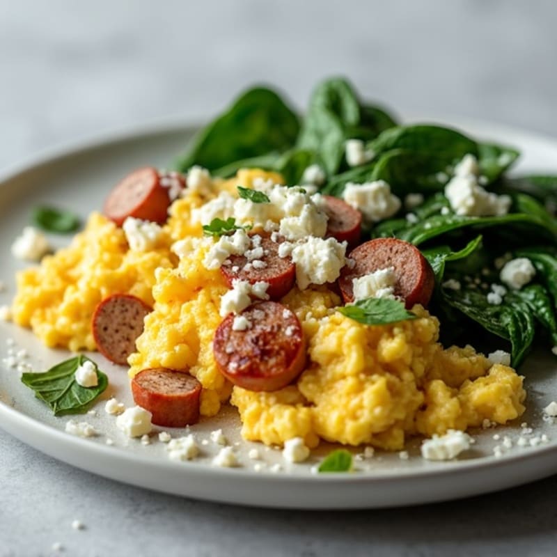 Egg White and Turkey Sausage Scramble with Sautéed Spinach and Feta