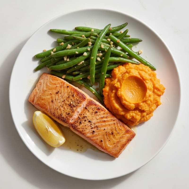 Baked Salmon with Garlic Green Beans and Sweet Potato Mash