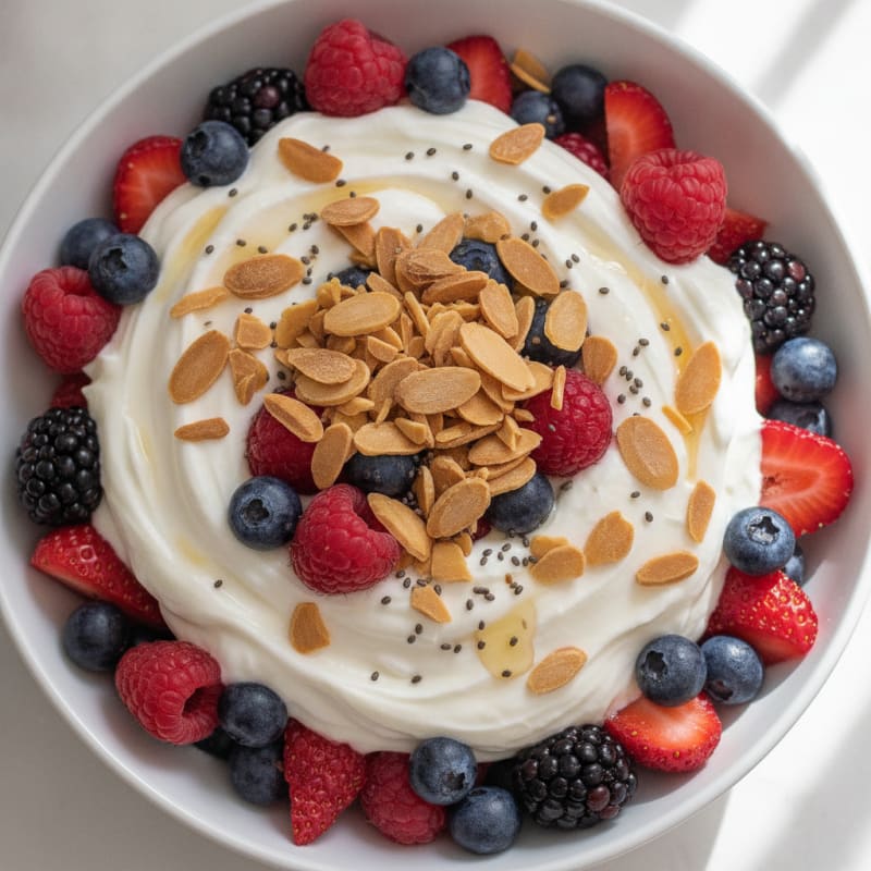 Greek Yogurt Protein Parfait with Mixed Berries and Almonds