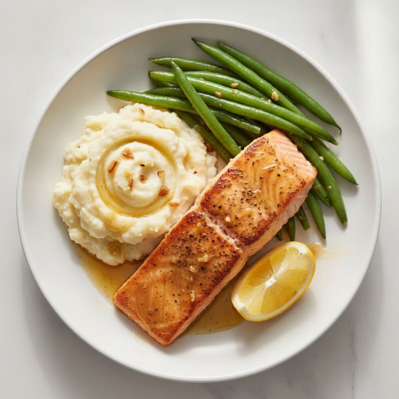 Seared Salmon with Steamed Green Beans and Garlic Mashed Cauliflower