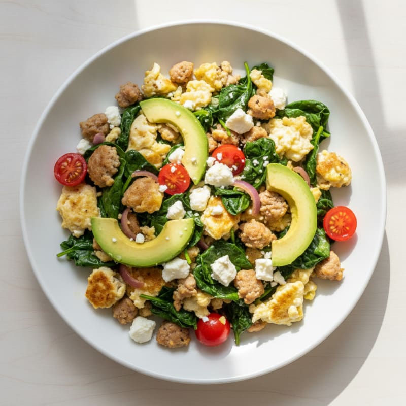 Egg White and Turkey Sausage Scramble with Sautéed Spinach