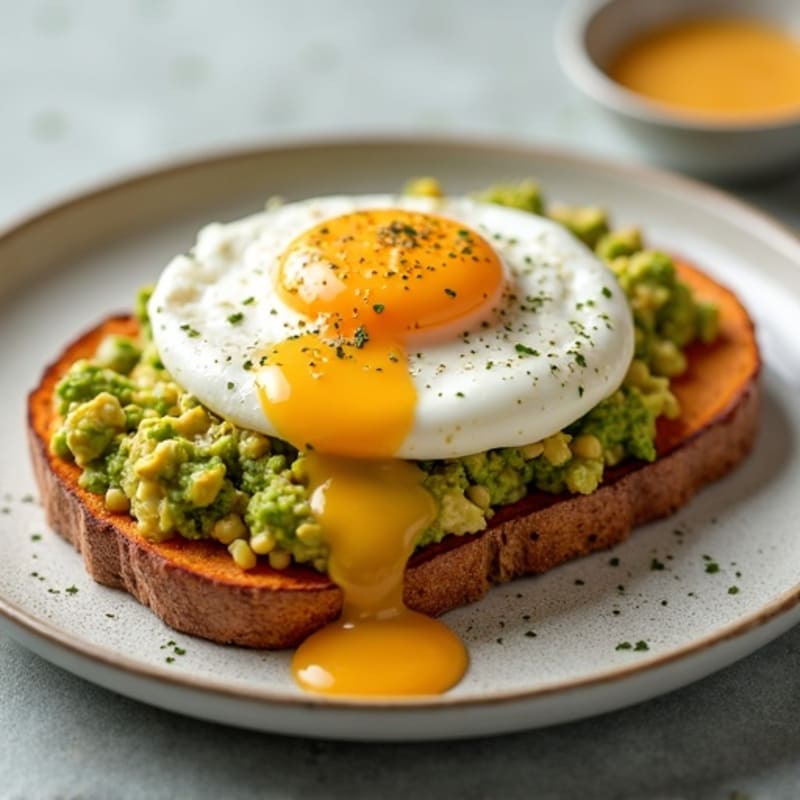 Egg and Avocado Sweet Potato Toast with Chickpea-Chicken Mash