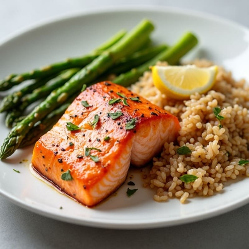 Seared Salmon with Steamed Asparagus and Brown Rice