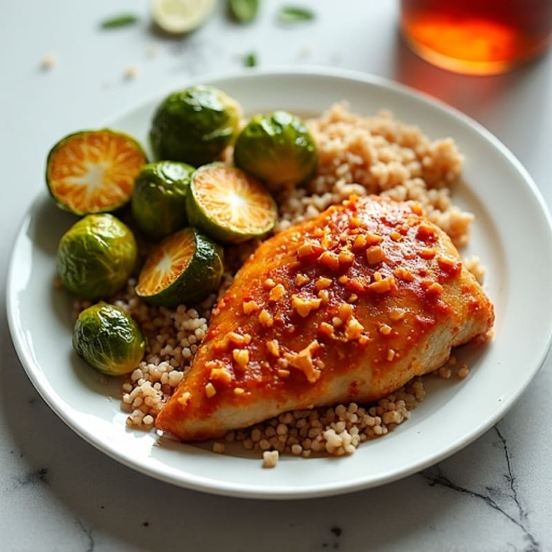 Spicy Gochujang Chicken with Crispy Roasted Brussels Sprouts and Brown Rice