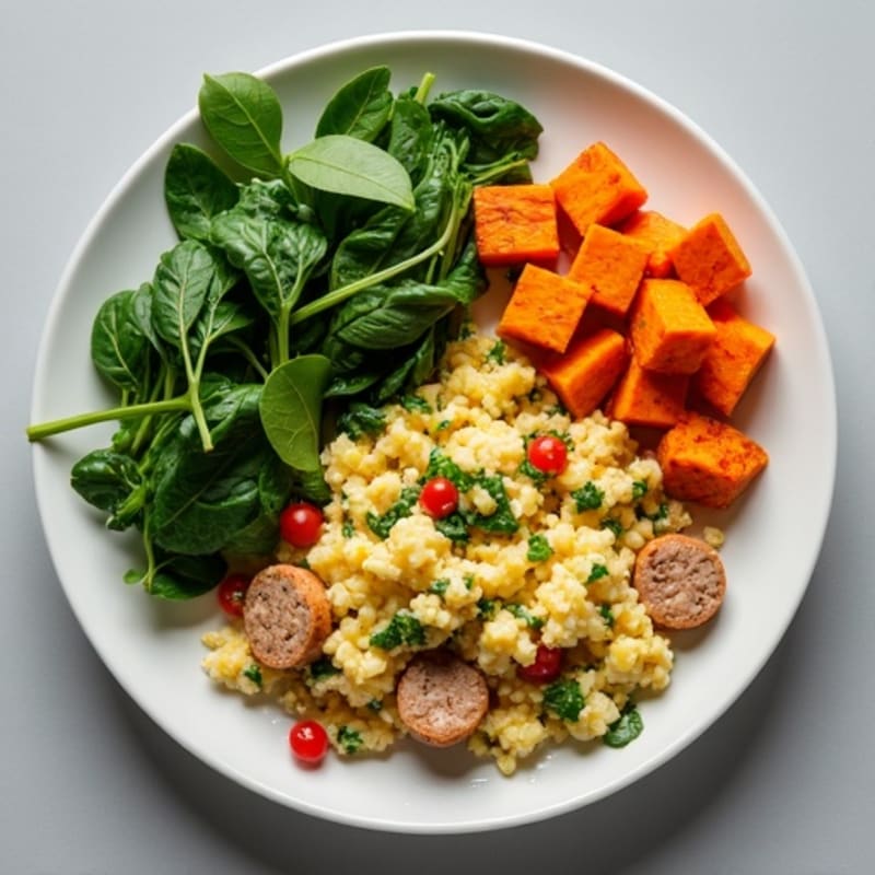 Egg White and Turkey Sausage Scramble with Spinach and Roasted Sweet Potatoes