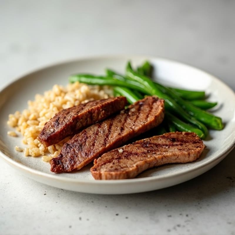 Grilled Beef Strips with Steamed Green Beans and Brown Rice