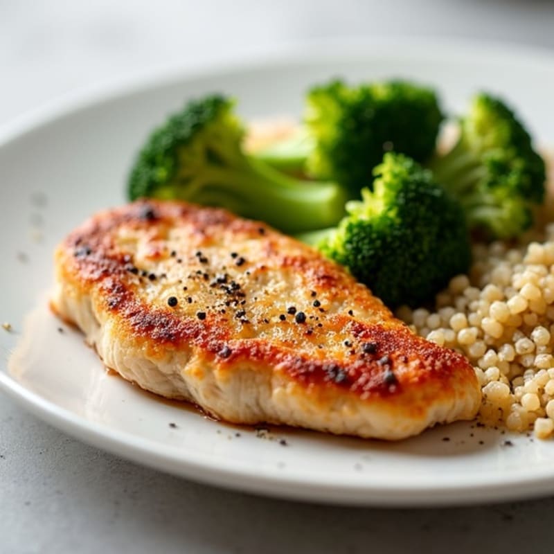 Crispy Seared Chicken Breast with Quinoa and Steamed Broccoli