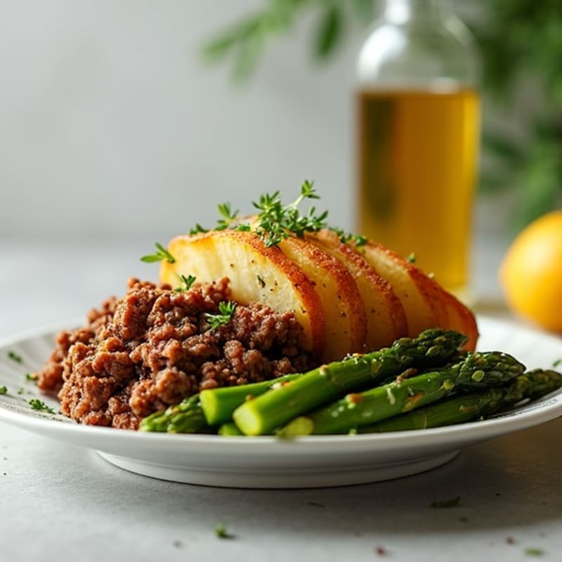 Crispy Baked Potato with Savory Lean Ground Beef and Roasted Asparagus