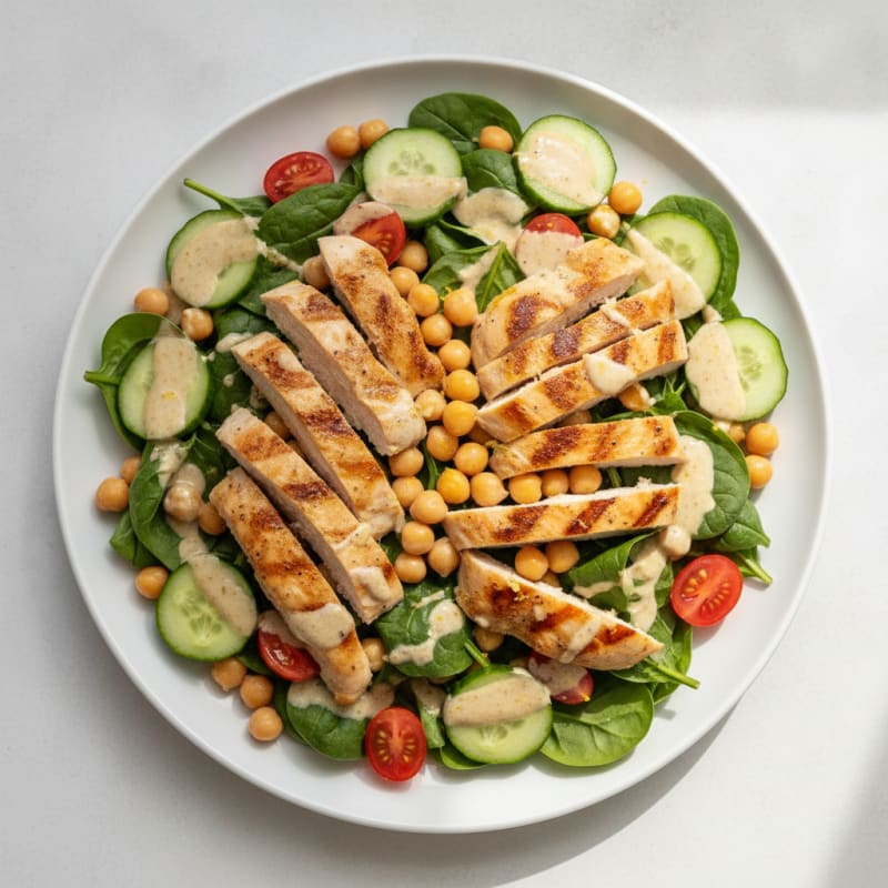 Grilled Chicken Salad with Chickpeas and Lemon Tahini Dressing