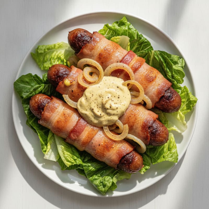 Bacon-Wrapped Hot Dogs with Caramelized Onions