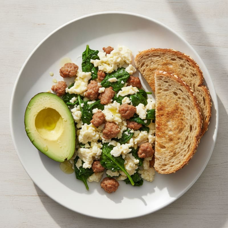 Egg White and Turkey Sausage Scramble with Sautéed Spinach