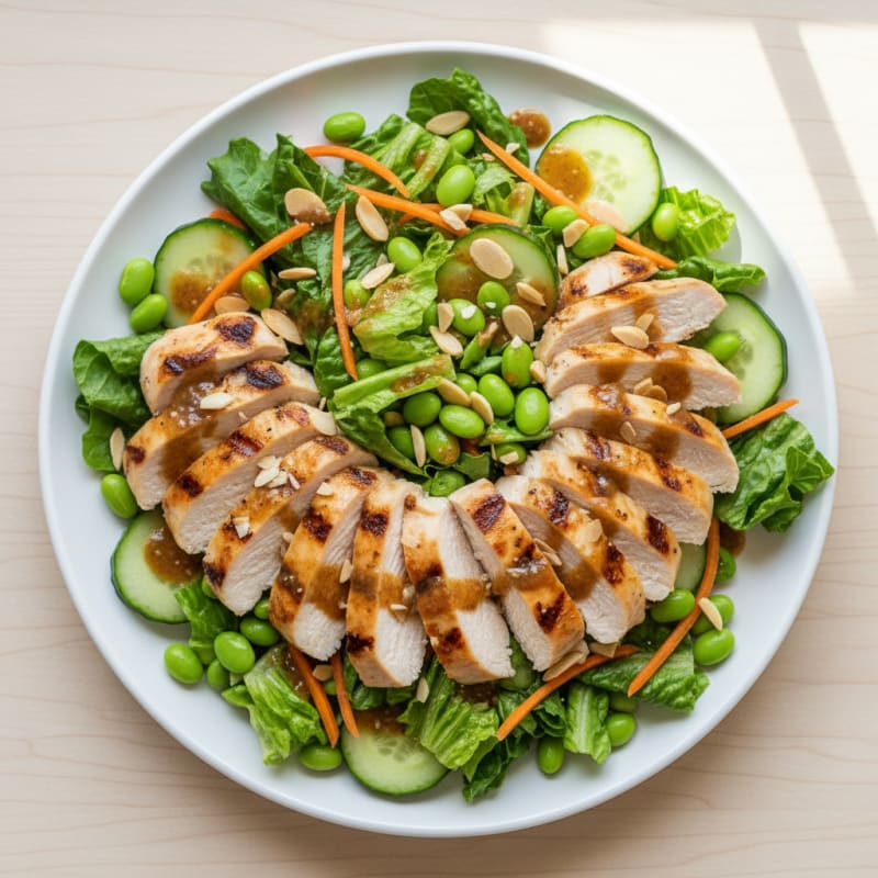 Grilled Chicken Lettuce Salad with Edamame and Sesame-Ginger Dressing