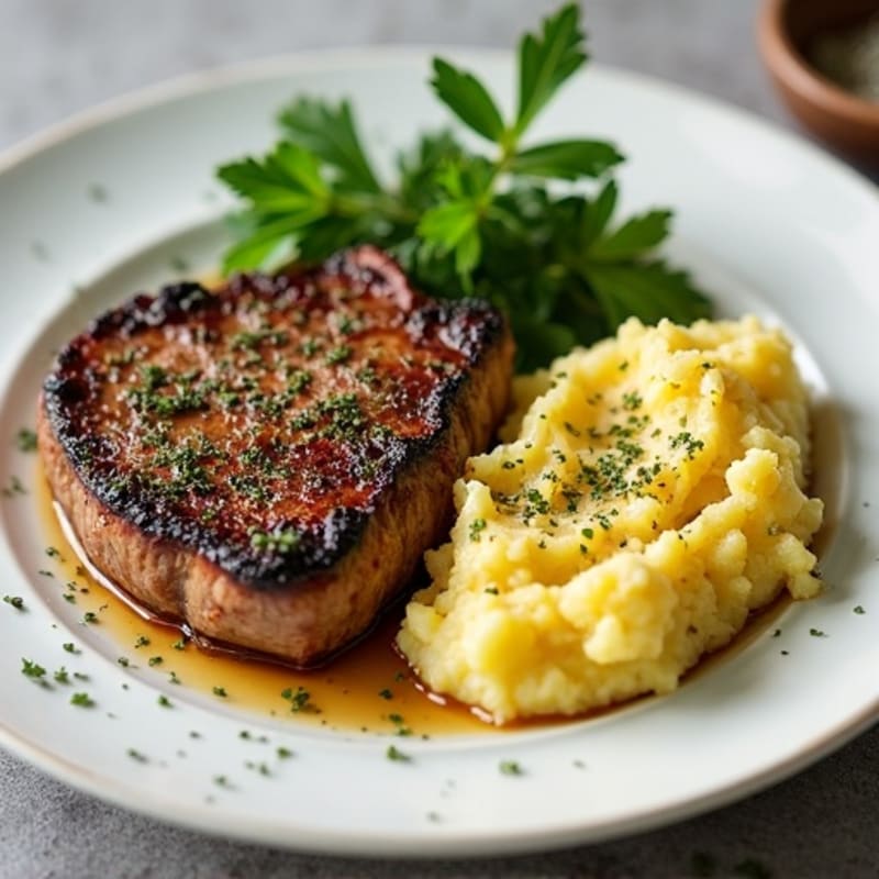 Herb-Crusted Pan Seared Steak with Garlic Smashed Potatoes