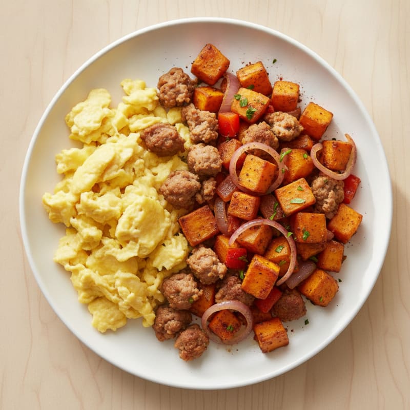 Scrambled Eggs with Turkey Sausage and Roasted Sweet Potato Hash
