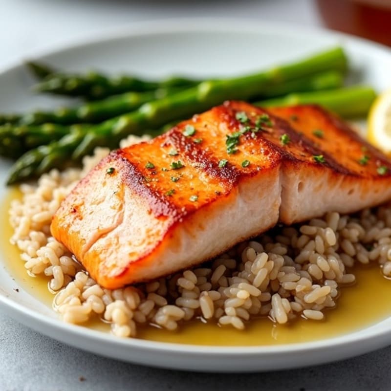 Seared Salmon with Steamed Asparagus and Brown Rice