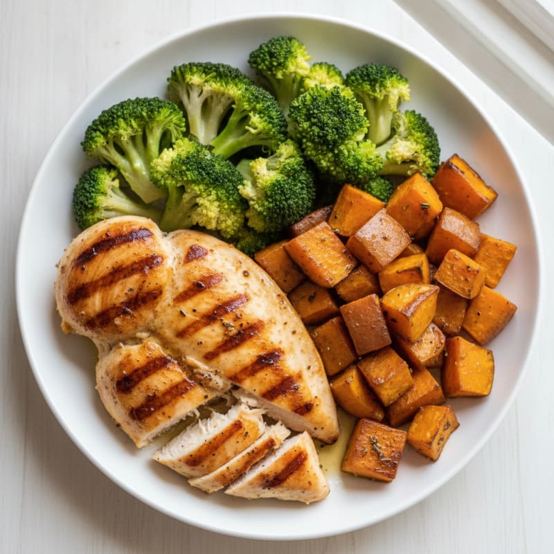 Grilled Chicken Breast with Roasted Sweet Potato and Steamed Broccoli