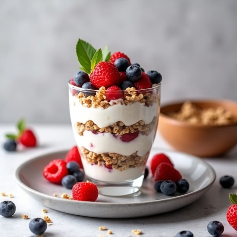 Greek Yogurt Parfait with Mixed Berries and High Protein Cereal