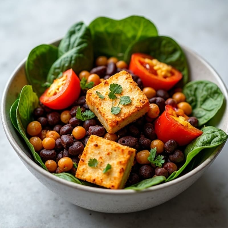 Crispy Tofu Bowl with Spiced Black Beans, Chickpeas, Peppers, and Fresh Spinach