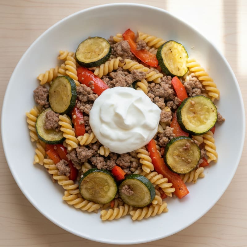 Lean Ground Beef and Chickpea Pasta with Roasted Vegetables